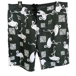 Volcom Men 34 Shorts Chico Walking Green White Flamingo Print Pockets Casual